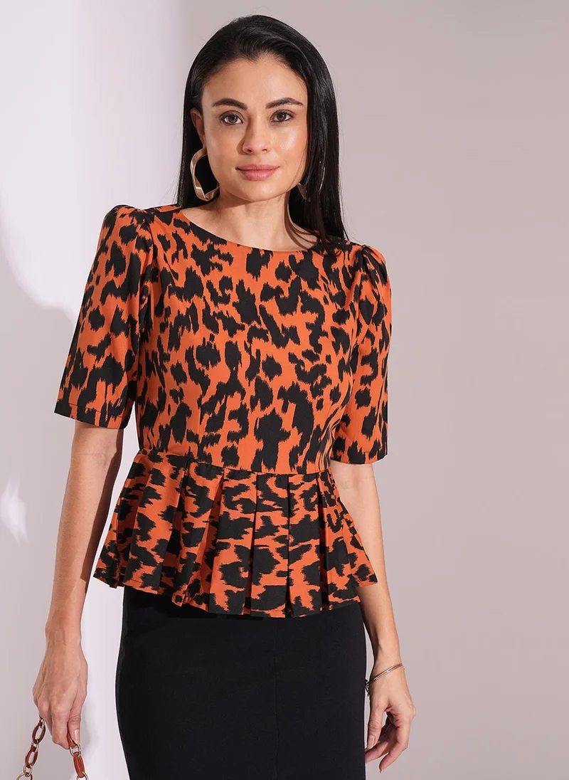 globus Globus Women Rust Animal Print Puff Sleeves Pleated Casual Peplum Top